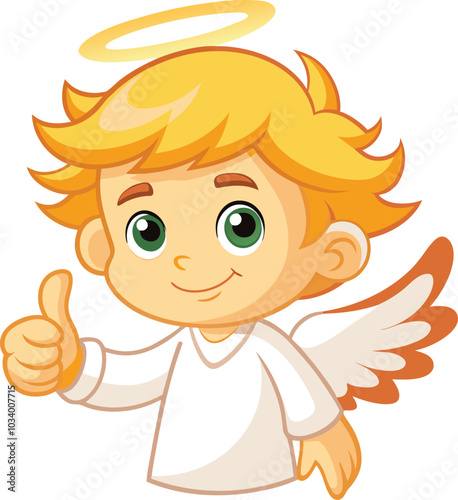 Angelic Thumbs Up: Adorable cherubic angel with golden halo and wings gives a cheerful thumbs-up. Perfect for religious, children's, or whimsical projects. 