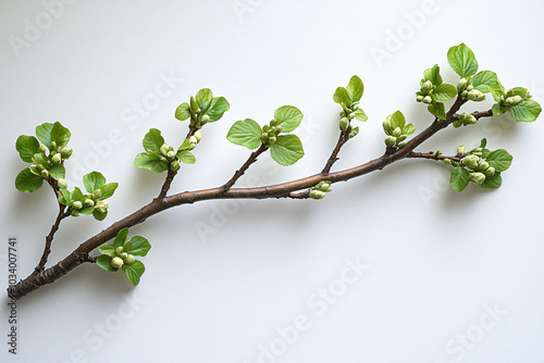 Slender tree branch with light green leaves on a white background, ideal for a simple yet elegant design.