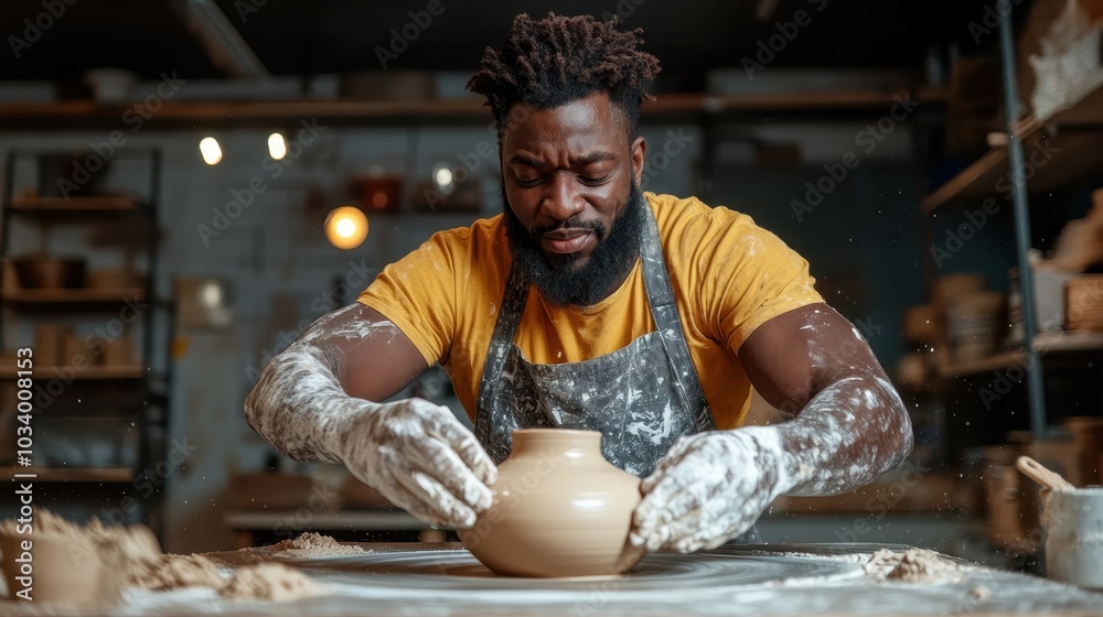 A potter intensely focuses on shaping a piece of clay on a pottery wheel, wearing a yellow shirt and apron, surrounded by tools in a creative workshop. A potter intensely focuses on shaping a piece of clay on a pottery wheel, wearing a yellow shirt and apron, surrounded by tools in a creative workshop.