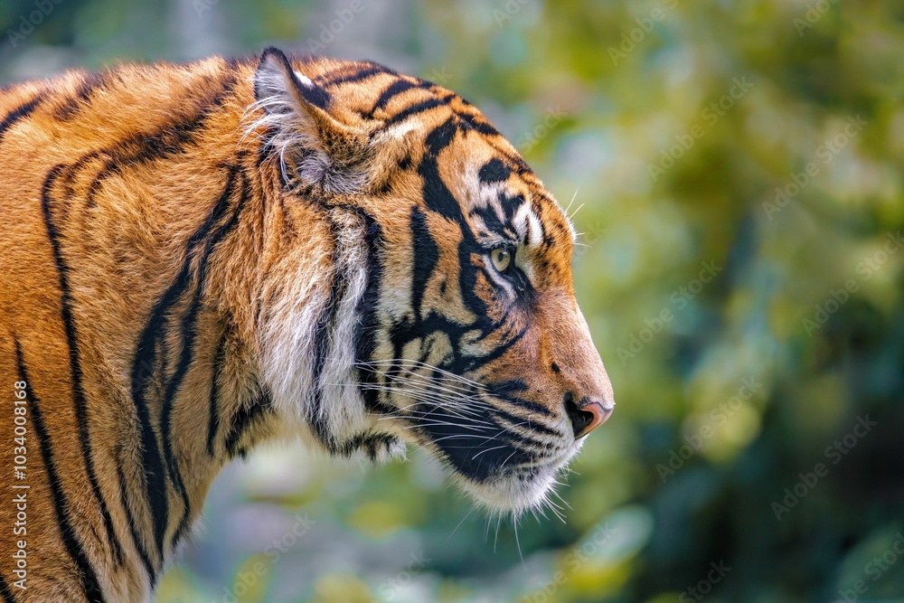 Fototapeta premium Closeup of a majestic tiger in a natural habitat with a blurred green background
