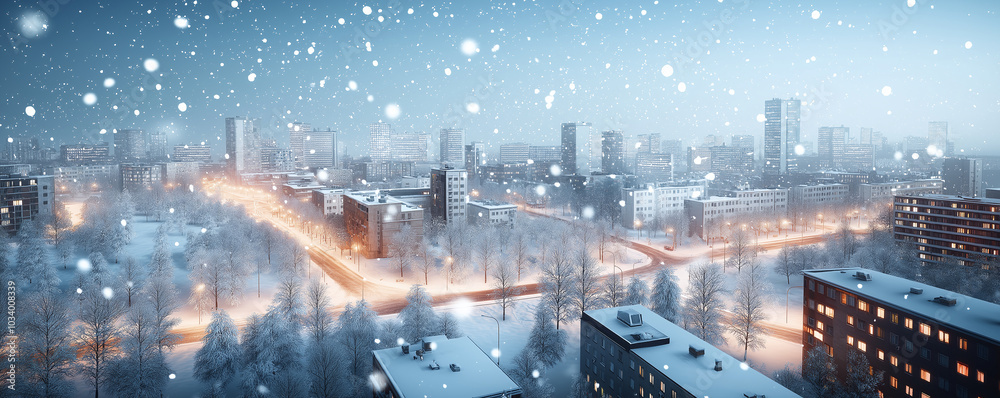 Snow-covered cityscape at dusk, featuring illuminated streets and buildings under a soft snowfall, creating a serene winter evening scene. Snow-covered cityscape at dusk, featuring illuminated streets and buildings under a soft snowfall, creating a serene winter evening scene.