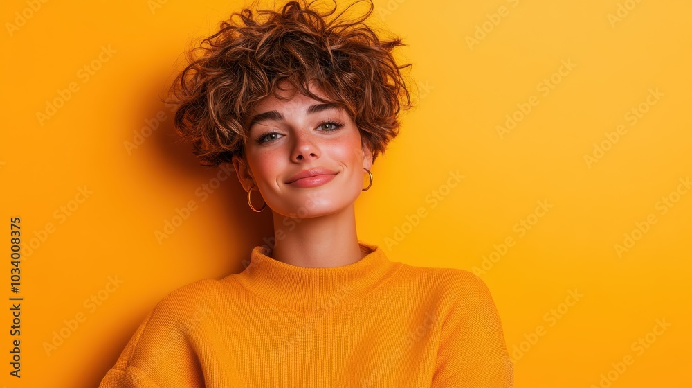A young woman with curly hair beams with a big smile while dressed in an orange sweater, standing against a softly lit plain orange background, exuding warmth and friendliness. A young woman with curly hair beams with a big smile while dressed in an orange sweater, standing against a softly lit plain orange background, exuding warmth and friendliness.