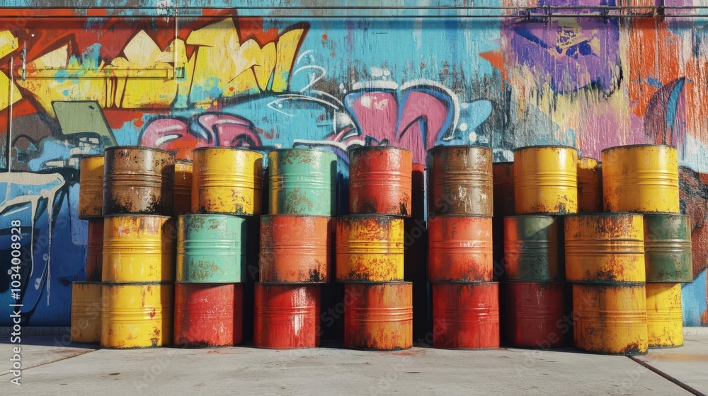 A stack of colorful oil barrels against the background of graffiti in an urban setting A stack of colorful oil barrels against the background of graffiti in an urban setting