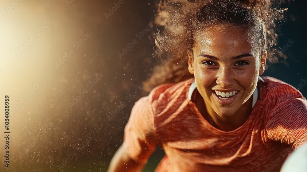 A dynamic woman grins with determination as she plays sports under intense, dramatic lighting, conveying energy, focus, and the competitive spirit in every motion. A dynamic woman grins with determination as she plays sports under intense, dramatic lighting, conveying energy, focus, and the competitive spirit in every motion.
