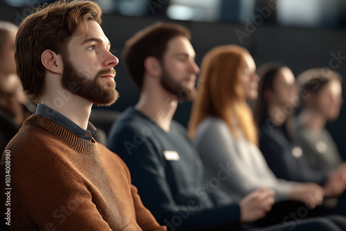 Focused individuals attending a lecture, showcasing engagement and concentration in a professional or educational setting.