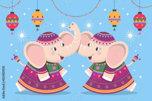 Colorful Cartoon Elephants Lanterns Pastel Blue Background - Perfect Children's Party Invitations, Decorations, Cultural Celebrations