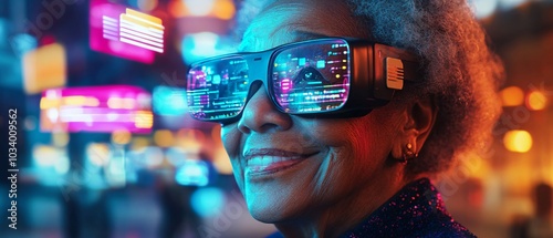 Embracing Virtual Family Reunion: Elderly Women African American Smiling in Metaverse Cityscape with Floating Chat Boxes and Holographic Images photo