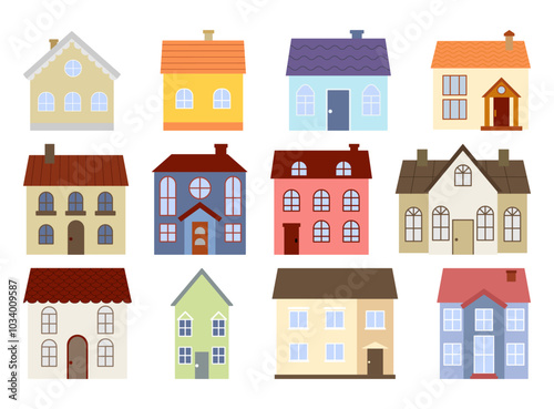 Houses of the suburbs residential area, low-rise buildings. Set of colorful vector illustration. Vector illustration for house icon, village, city element. Cute childish houses in a flat style.