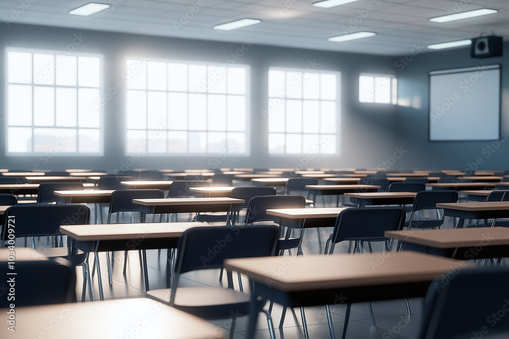 Bright and empty classroom with rows of desks and chairs, sunlight streaming through windows, creating a serene learning environment. Bright and empty classroom with rows of desks and chairs, sunlight streaming through windows, creating a serene learning environment.