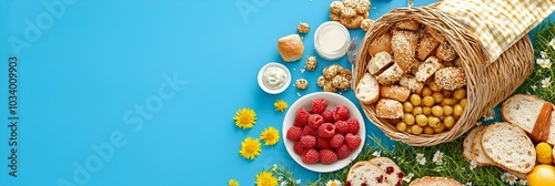 Aerial overhead view of a picnic food setup with various sandwiches fruits and other snacks arranged on a blanket in a peaceful natural outdoor environment