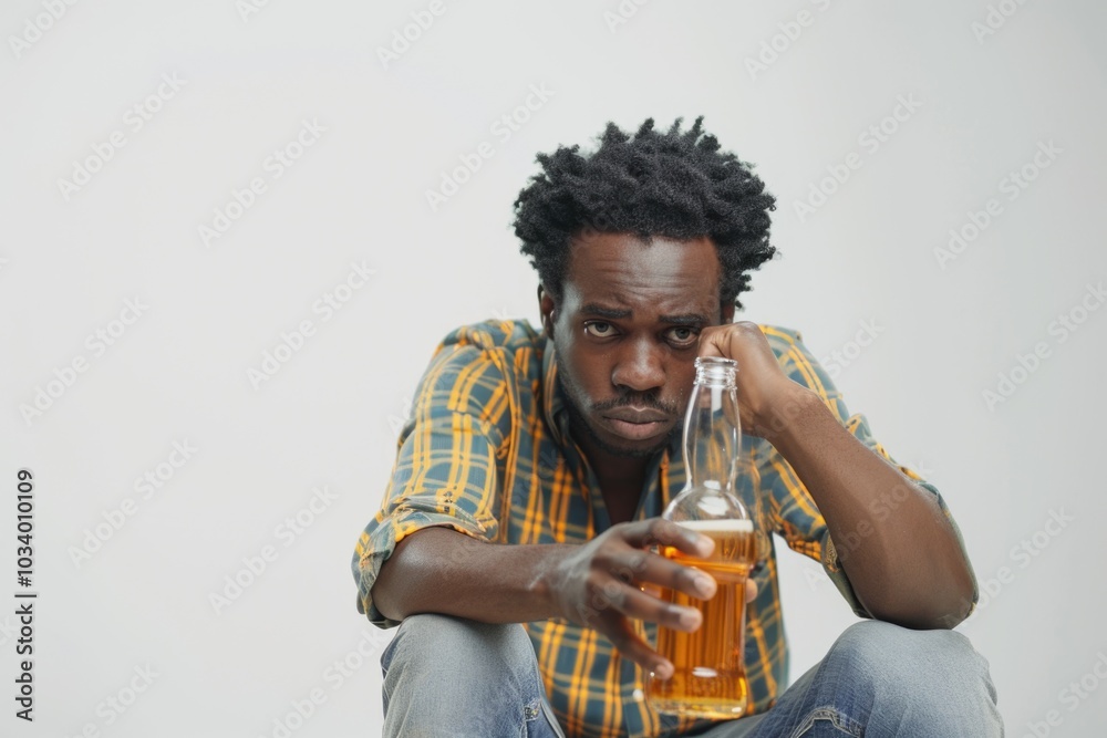 A person sitting on a stool holding a bottle of beer, casual moment A person sitting on a stool holding a bottle of beer, casual moment