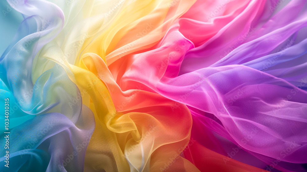 Obraz premium Textur Hintergrund, weich fließender Stoff in Regenbogenfarben, Generative AI