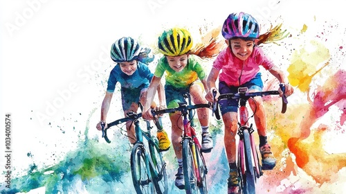 Vibrant illustration of three young girls racing on bikes, showcasing excitement and energy in a colorful sports setting. photo