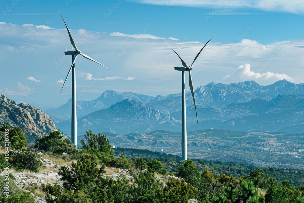 Three wind turbines sit atop a mountain against a blue sky Three wind turbines sit atop a mountain against a blue sky