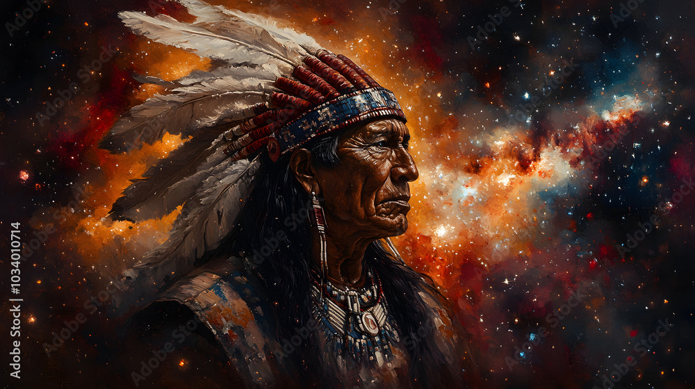 A Painting of an American Indian Chief Wearing His Headdress, Traditional Indigenous Portrait
A Painting of an American Indian Chief Wearing His Headdress, Traditional Indigenous Portrait