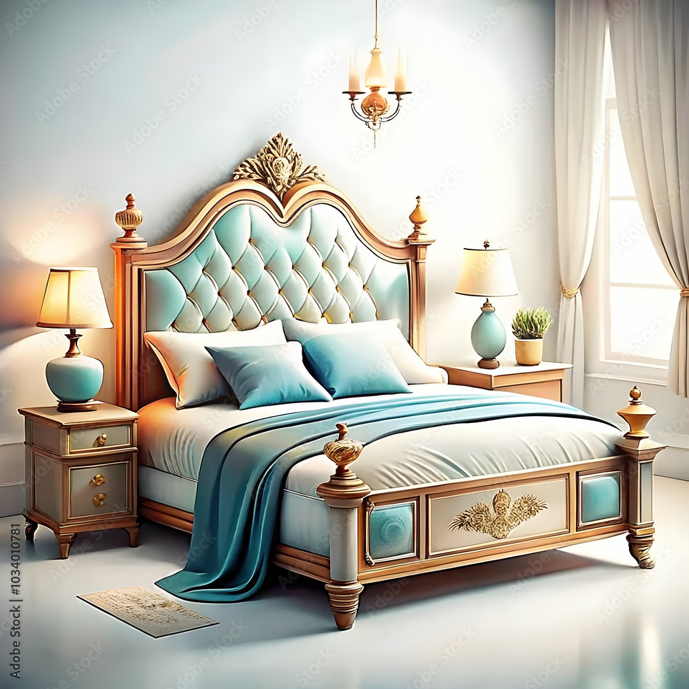 Serene Bedroom Setup with Neatly Made Bed, Soft Lighting, and Glossy Background for Overlay Text in Stock Photo Concept Serene Bedroom Setup with Neatly Made Bed, Soft Lighting, and Glossy Background for Overlay Text in Stock Photo Concept