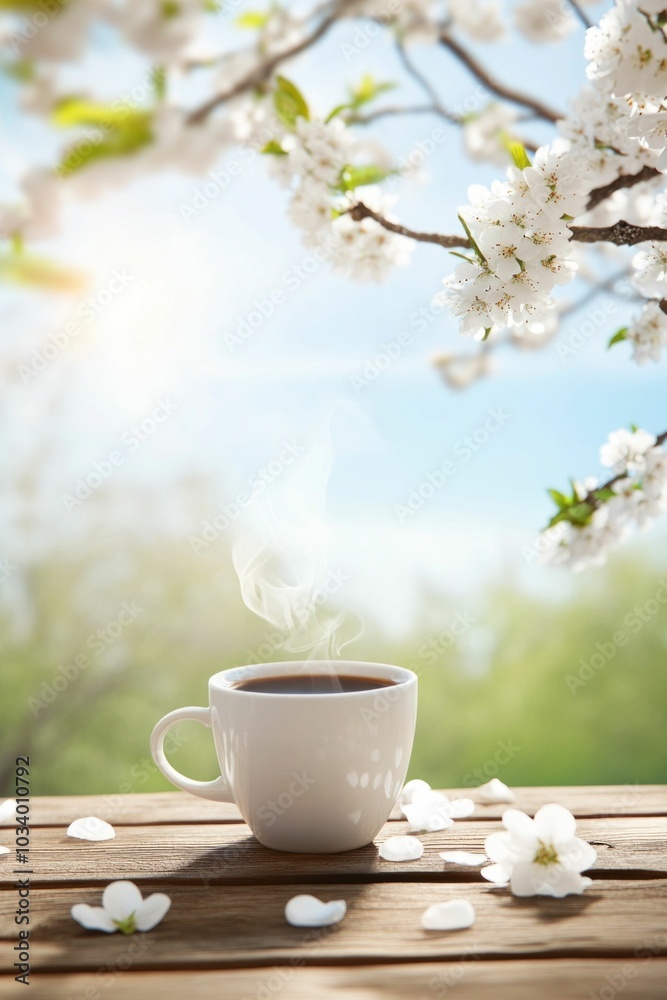 Steaming Coffee Cup on Wooden Table with Spring Blossoms Steaming Coffee Cup on Wooden Table with Spring Blossoms