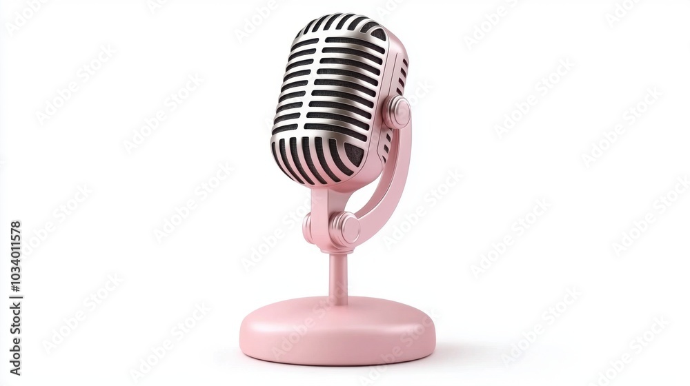Fototapeta premium Retrostyle pink microphone with a silver grill on a white background 