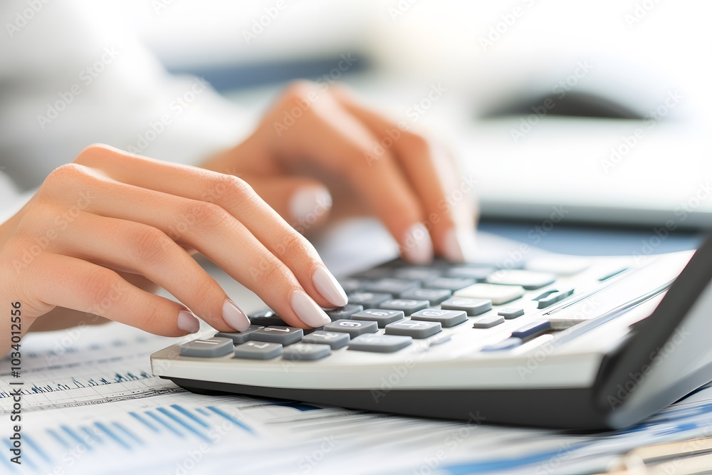 Close-up of a Hand Using a Calculator with Financial Documents in the Background