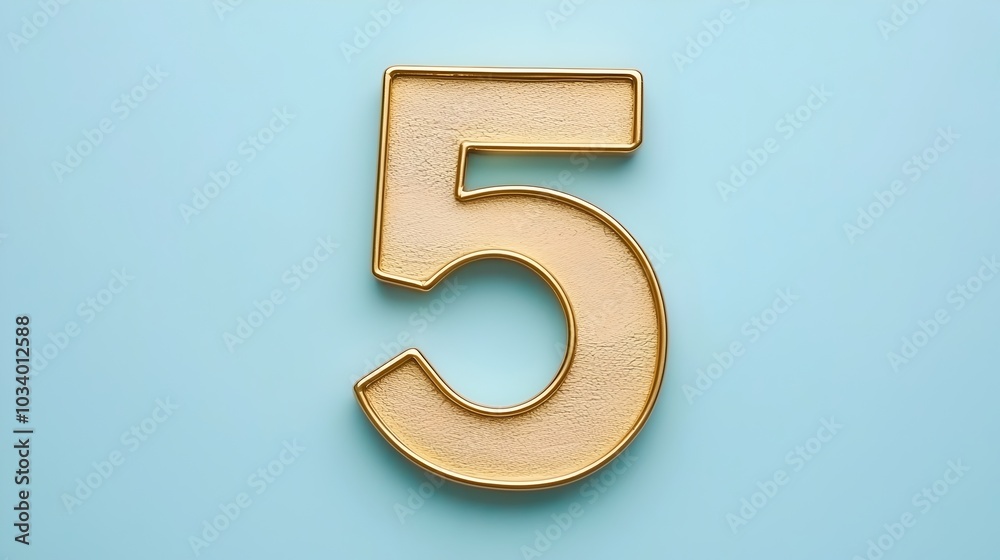 Elegant and Luxurious Golden Metallic Number 5 Sculpture Reflecting Light and Giving a Premium Upscale Feel on a Minimalist White Background Elegant and Luxurious Golden Metallic Number 5 Sculpture Reflecting Light and Giving a Premium Upscale Feel on a Minimalist White Background