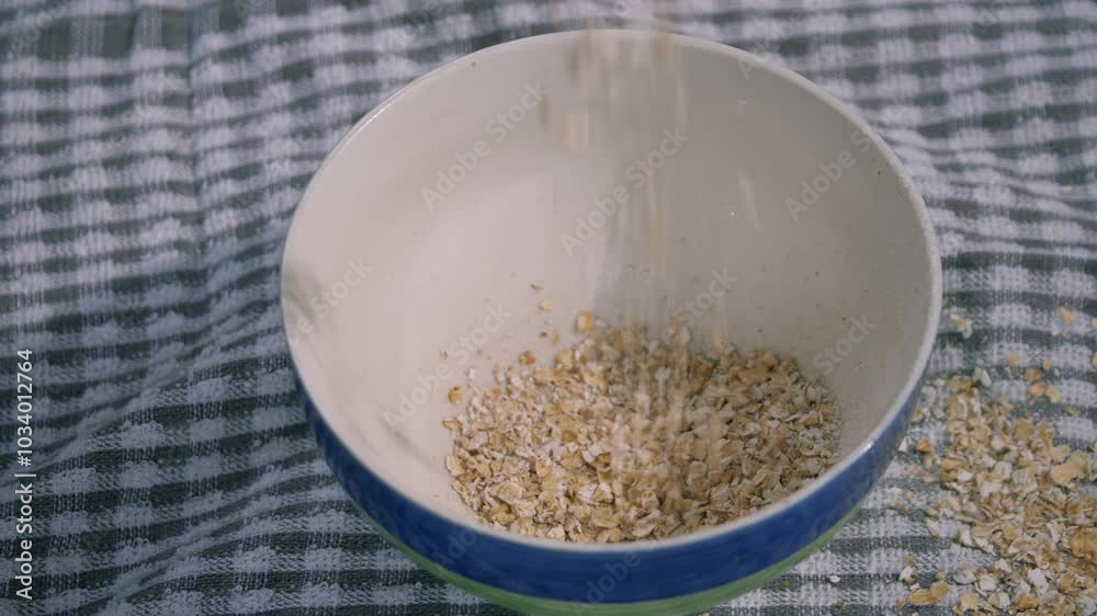 Pouring breakfast porridge oats in a bowl Pouring breakfast porridge oats in a bowl