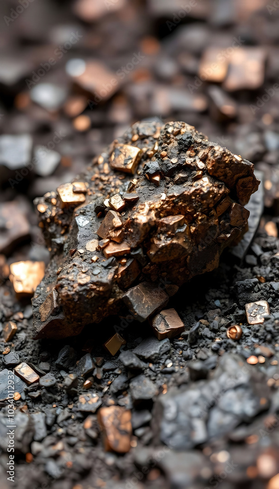 Macro photography of copper ore, showcasing intricate textures and colors. Ideal for mining, geology, and natural resource discussions, highlighting the beauty of raw materials Macro photography of copper ore, showcasing intricate textures and colors. Ideal for mining, geology, and natural resource discussions, highlighting the beauty of raw materials