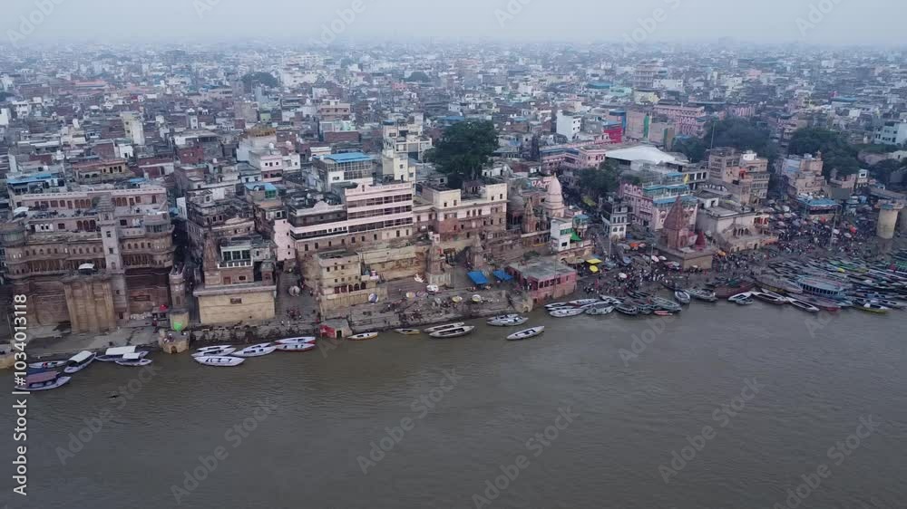 drone shot video clip of holy river ganga in the ghats of Varanasi in India drone shot video clip of holy river ganga in the ghats of Varanasi in India
