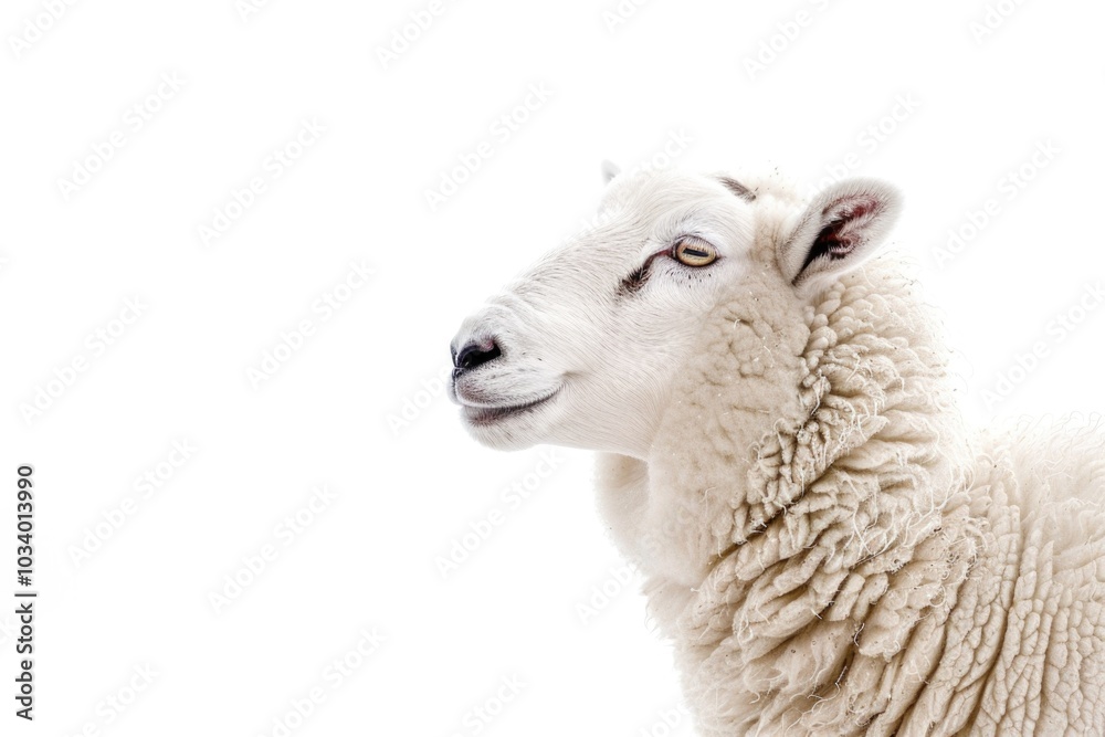 A close-up shot of a sheep's face on a white background