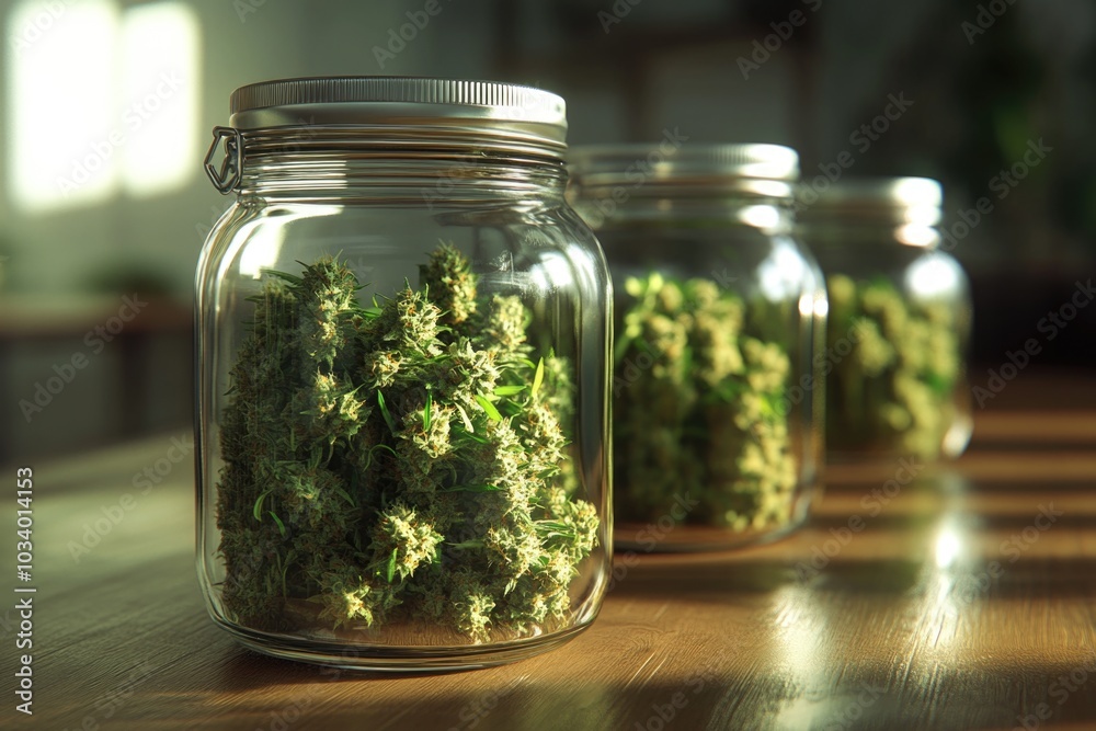 Three glass jars containing cannabis sit atop a rustic wooden table Three glass jars containing cannabis sit atop a rustic wooden table