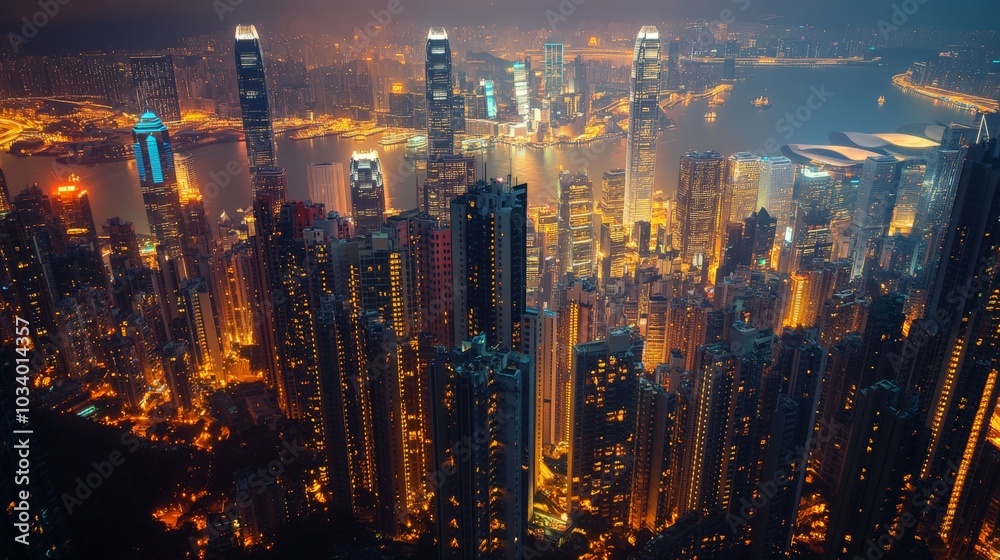 Obraz premium Skyscrapers lit up with neon lights, seen from an aerial perspective, softly glowing against the dark sky, capturing the lively energy of the city.