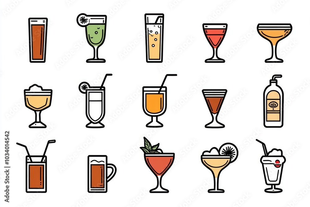 Set of illustrations representing various drinks and beverages Set of illustrations representing various drinks and beverages