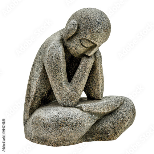 contemplative stone sculpture depicting figure in thoughtful pose, showcasing intricate details and serene expression. This artwork evokes sense of introspection and tranquility photo