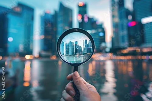 A person holds a magnifying lens in front of a cityscape, revealing details photo