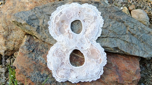 Delicate and intricate lace pattern in the shape of the number eight giving a soft elegant and ornate appearance on an isolated background