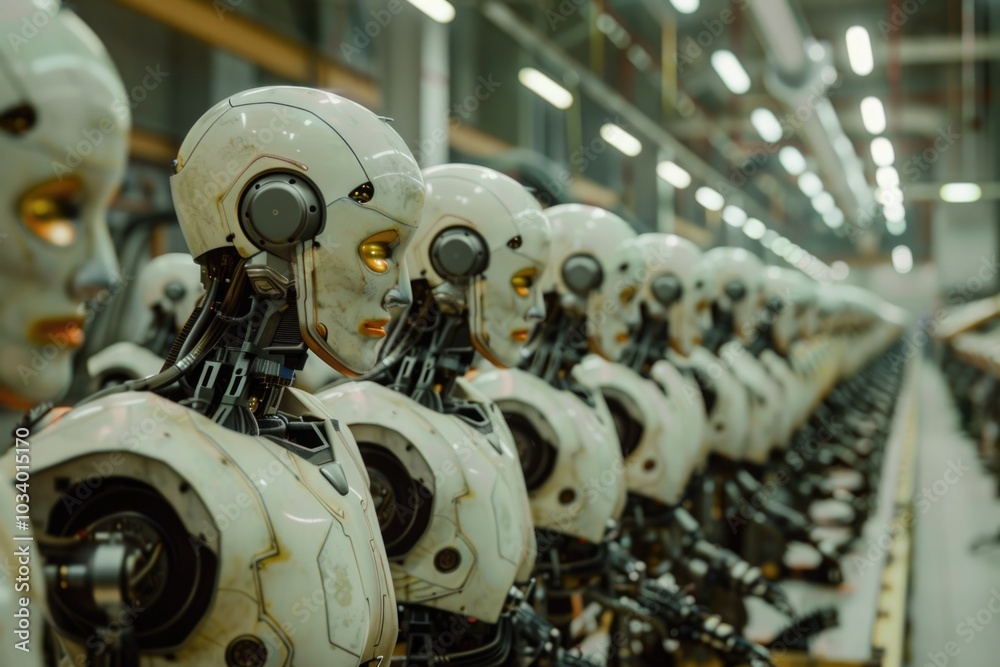 Row of robots working together on an assembly line in a modern factory Row of robots working together on an assembly line in a modern factory