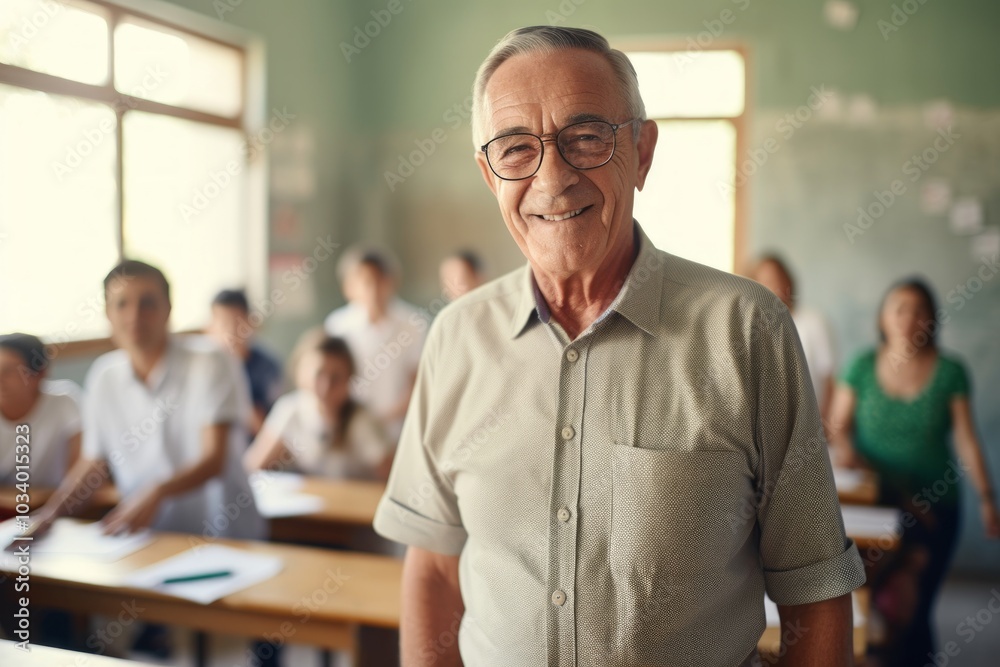 Obraz premium Portrait of a smiling man in his 70s wearing a simple cotton shirt over lively classroom background