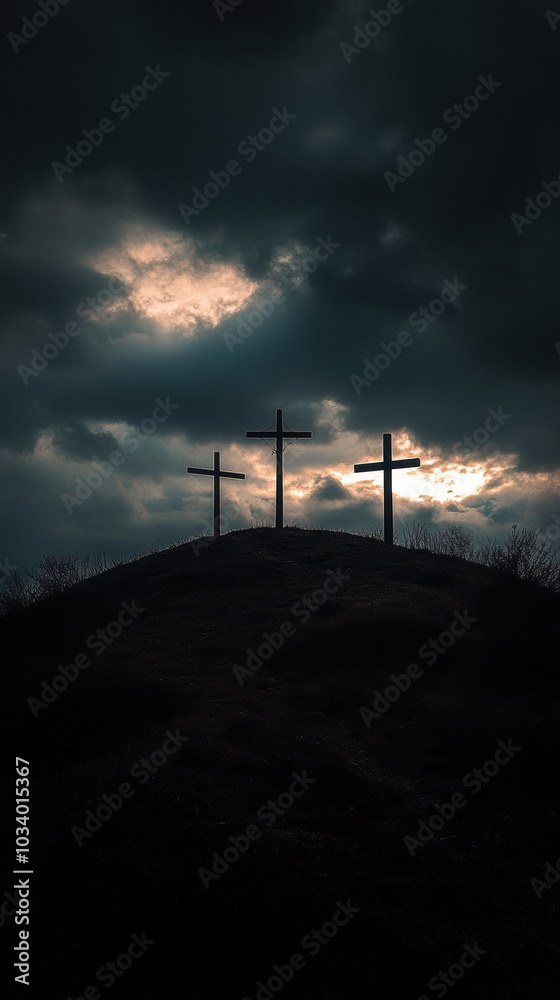 Obraz premium The Three Crosses on Calvary in a Cloudy Sky. Christianity and Jesus Christ simbolism.