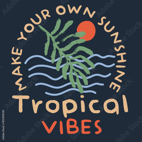 Doodle vector sticker with stroke. Summer icon with hand writing. Banner with the inscription Tropical vibes, decorated with monstera leaves and plumeria