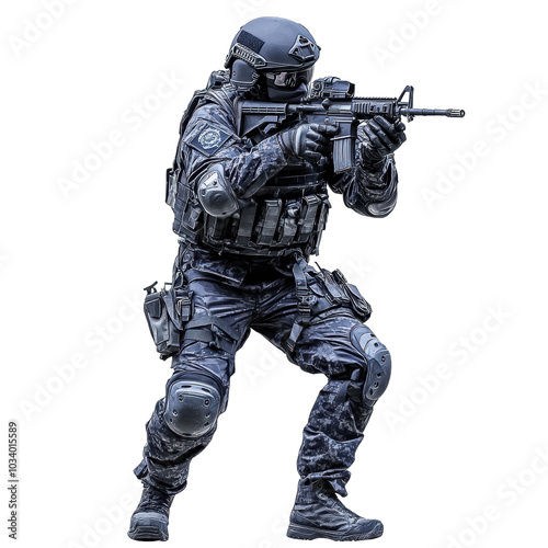 Elite tactical operative in action, showcasing advanced military gear and weaponry. soldier is poised and ready, embodying strength and focus in dynamic pose