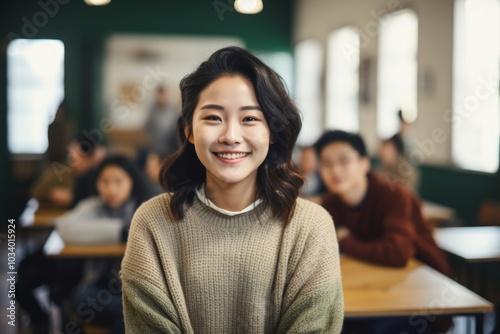 Portrait of a cheerful asian woman in her 20s wearing a cozy sweater on lively classroom background