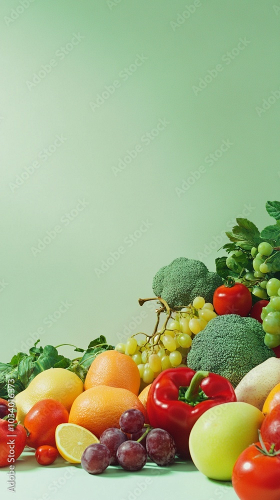 Vibrant array of fresh fruits and vegetables on a mint green background, showcasing a colorful spectrum of healthy produce for a balanced diet. Vibrant array of fresh fruits and vegetables on a mint green background, showcasing a colorful spectrum of healthy produce for a balanced diet.