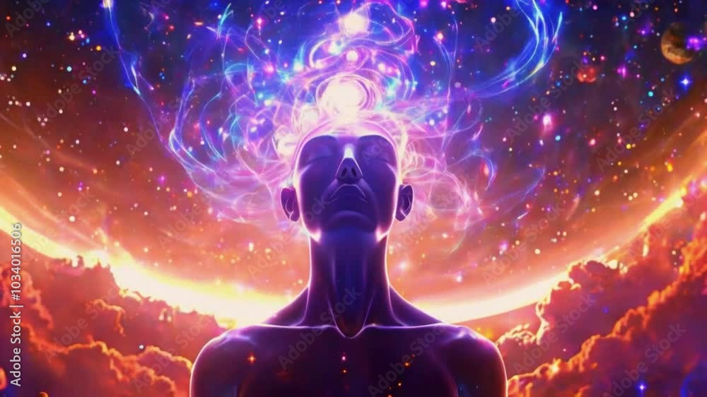 A meditator’s head, vibrant, swirling energy extending crown chakra, bridge cosmos. sequence planets stars align, stages enlightenment, 4k high-quality Victor anime-style background Animation Video