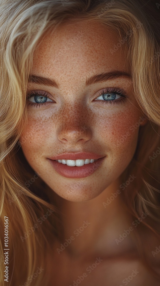 Close-up portrait of a radiant young woman with striking blue eyes, golden wavy hair, and a captivating smile, showcasing her natural freckles and sun-kissed complexion.