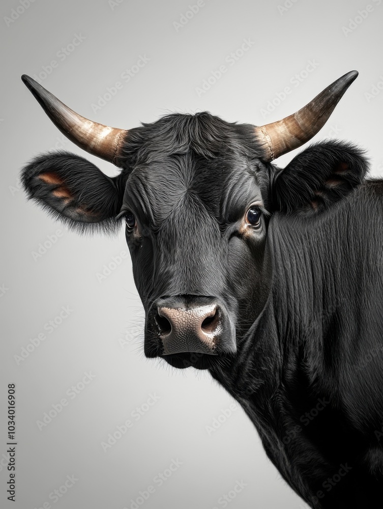 Naklejka premium Black cow portrait, white isolated background