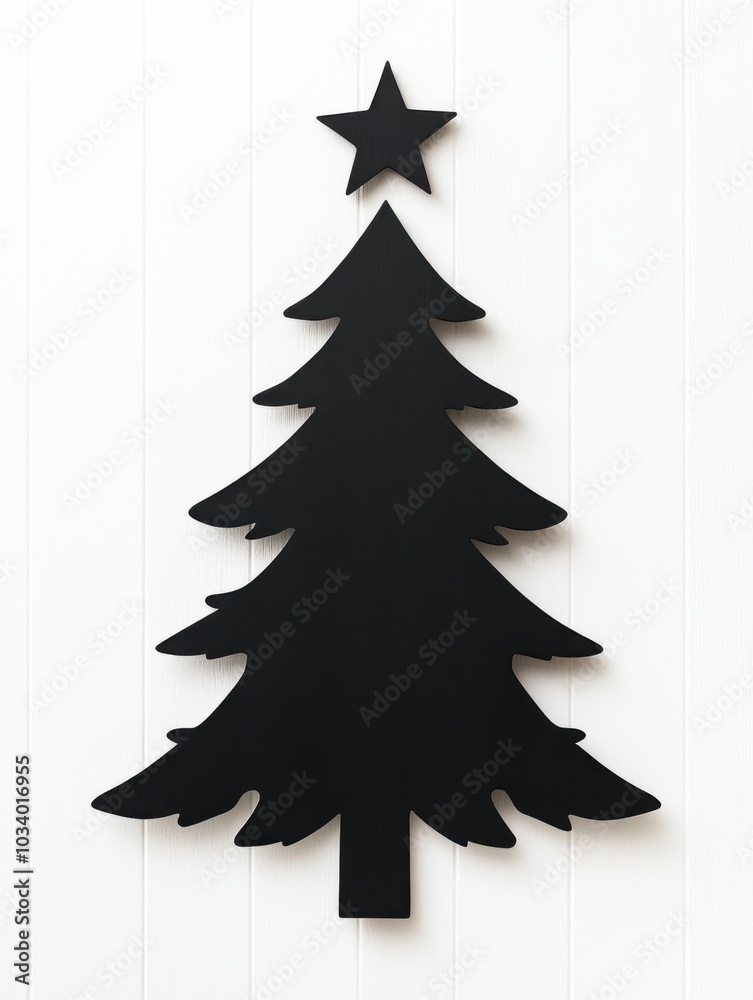 Fototapeta premium Black silhouette of a Christmas tree with a star on a white background.