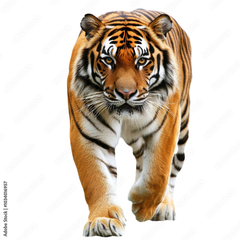 Obraz premium Majestic tiger on prowl, showcasing its powerful physique and striking stripes. This magnificent creature embodies strength and grace in its natural habitat