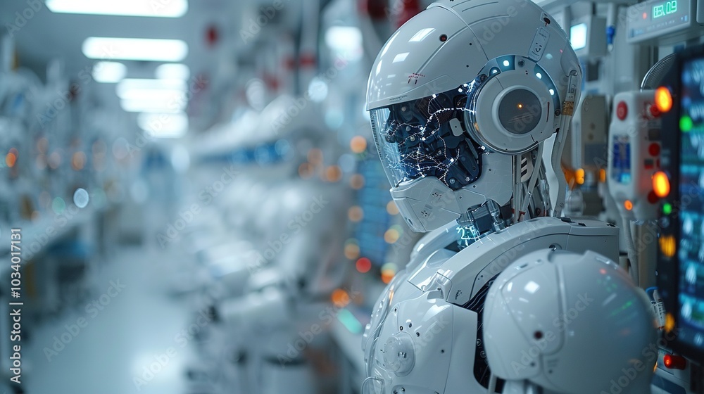 Fototapeta premium A futuristic robotic figure in a high-tech facility, showcasing advanced technology and design.