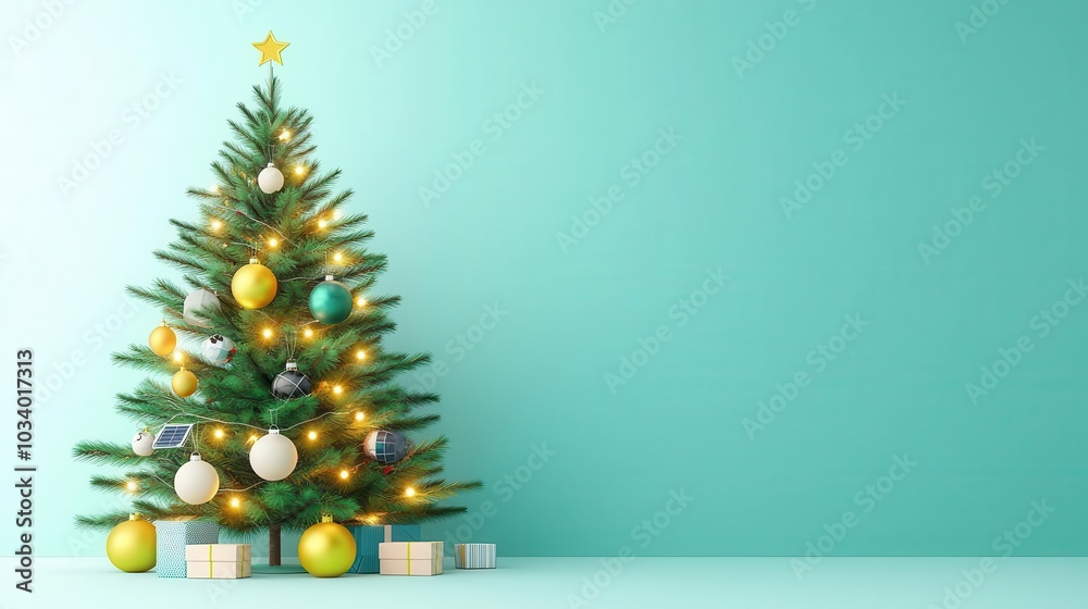 Christmas tree with solar-powered lights and upcycled ornaments, eco-friendly holiday, 3D illustration Christmas tree with solar-powered lights and upcycled ornaments, eco-friendly holiday, 3D illustration
