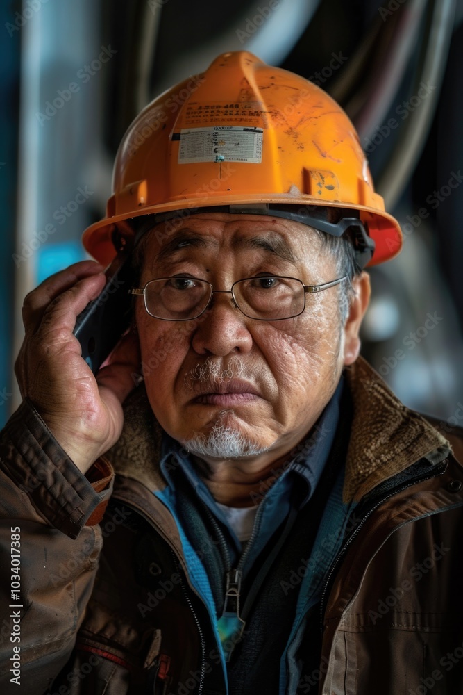 A construction worker taking a call while wearing a hard hat and protective gear, suitable for use in industry or construction-themed projects A construction worker taking a call while wearing a hard hat and protective gear, suitable for use in industry or construction-themed projects
