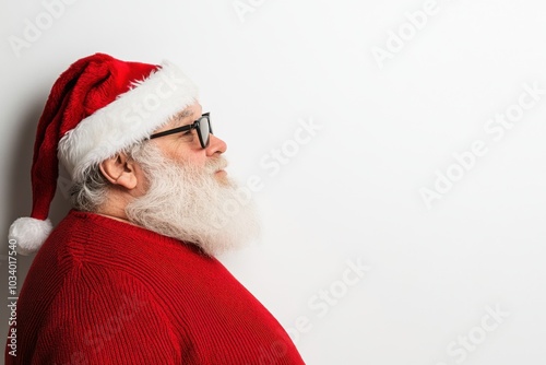 Jolly Santa Claus in festive attire with white background.